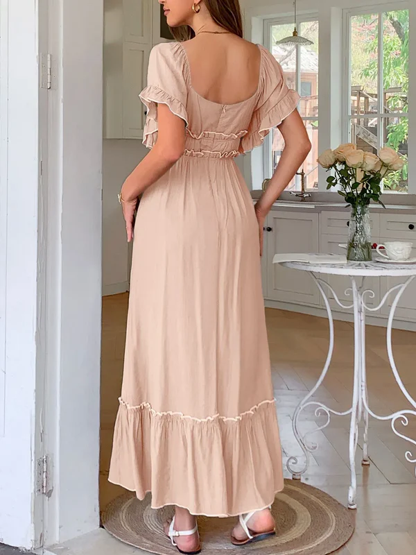 Square Neck Puff Sleeve Ruffle Trim Maxi Dress